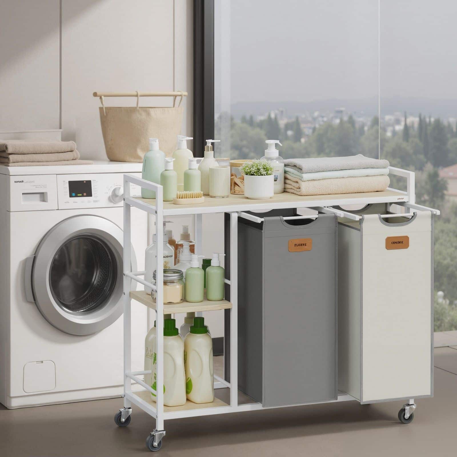 Wäschekorb 2 Fächer, Wäschesammler 100 L, Wäschesortierer