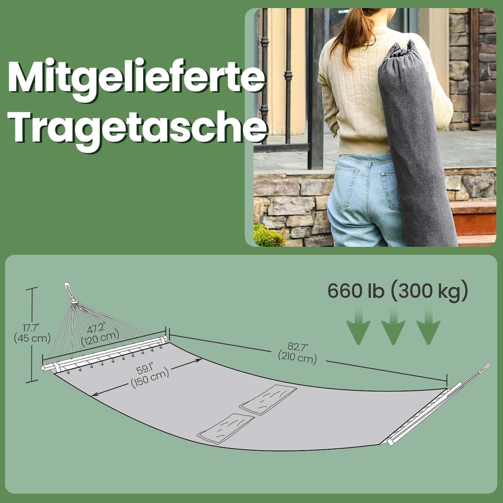 Hängematte 210 x 150 cm, Outdoor, mit 2 Holzstangen Hängematte 210 x 150 cm, Outdoor, mit 2 Holzstangen