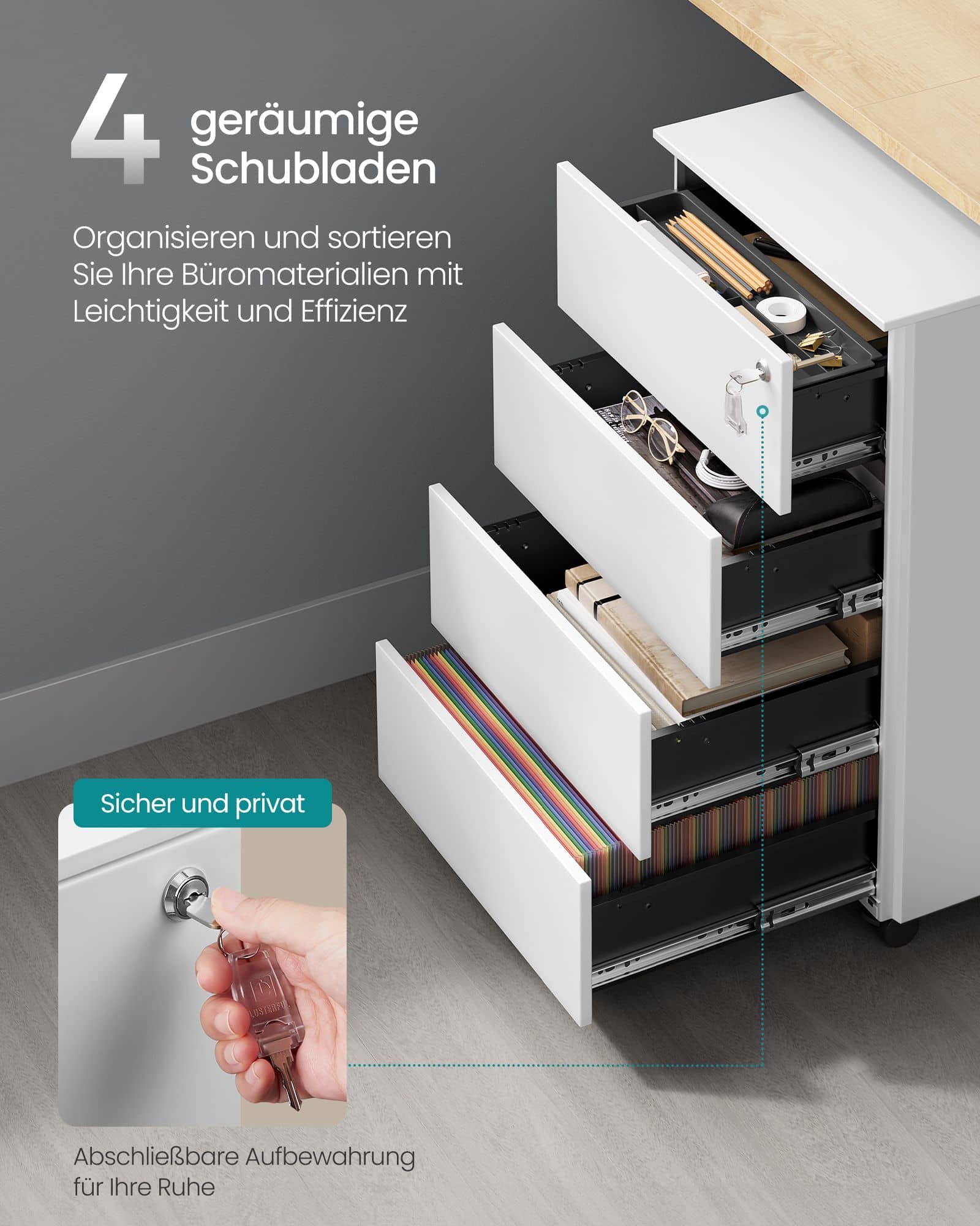 Rollcontainer mit 4 Schubladen und Rädern wolkenweiß Rollcontainer mit 4 Schubladen und Rädern wolkenweiß
