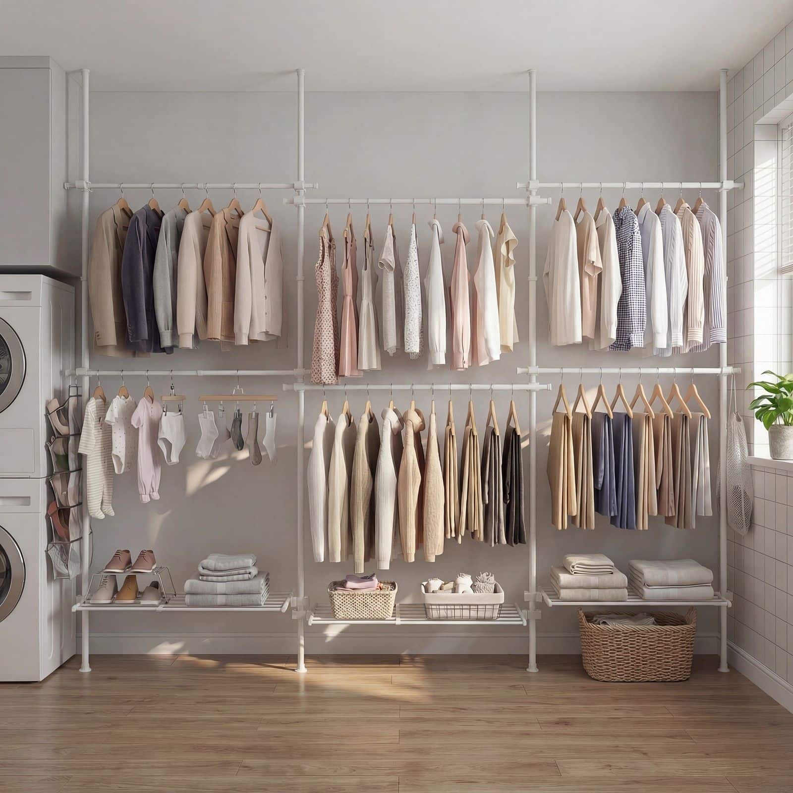 3-stufiger Kleiderständer, höhen- und breitenverstellbar, offene Garderobe mit 6 Kleiderstangen und 3 Ablagen 3-stufiger Kleiderständer, höhen- und breitenverstellbar, offene Garderobe mit 6 Kleiderstangen und 3 Ablagen