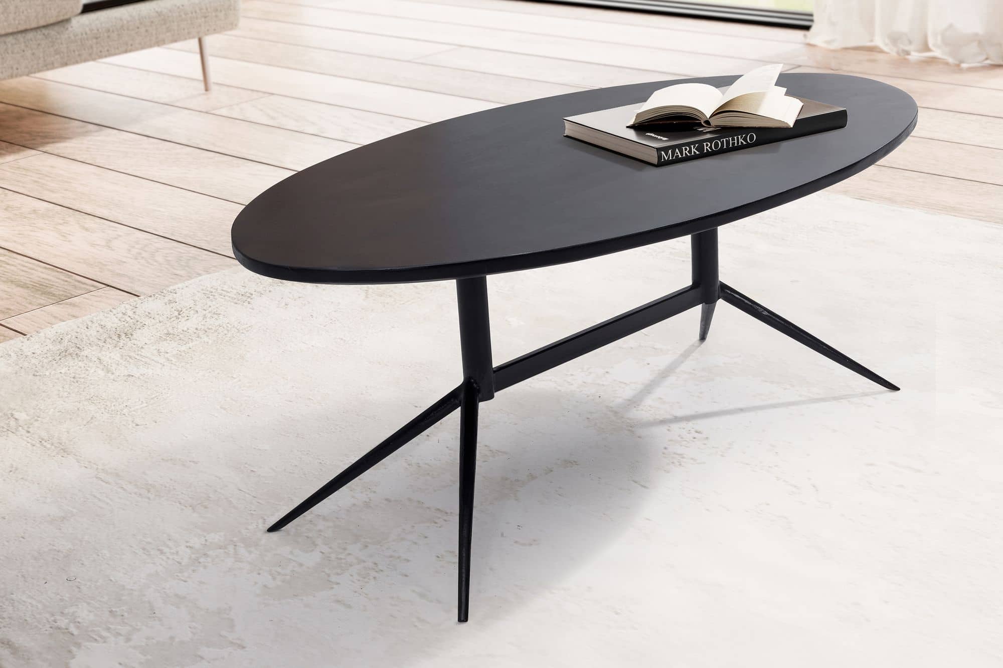 Couchtisch 90x50x35 cm Mango Massivholz Metall Schwarz Sofatisch Oval Couchtisch 90x50x35 cm Mango Massivholz Metall Schwarz Sofatisch Oval