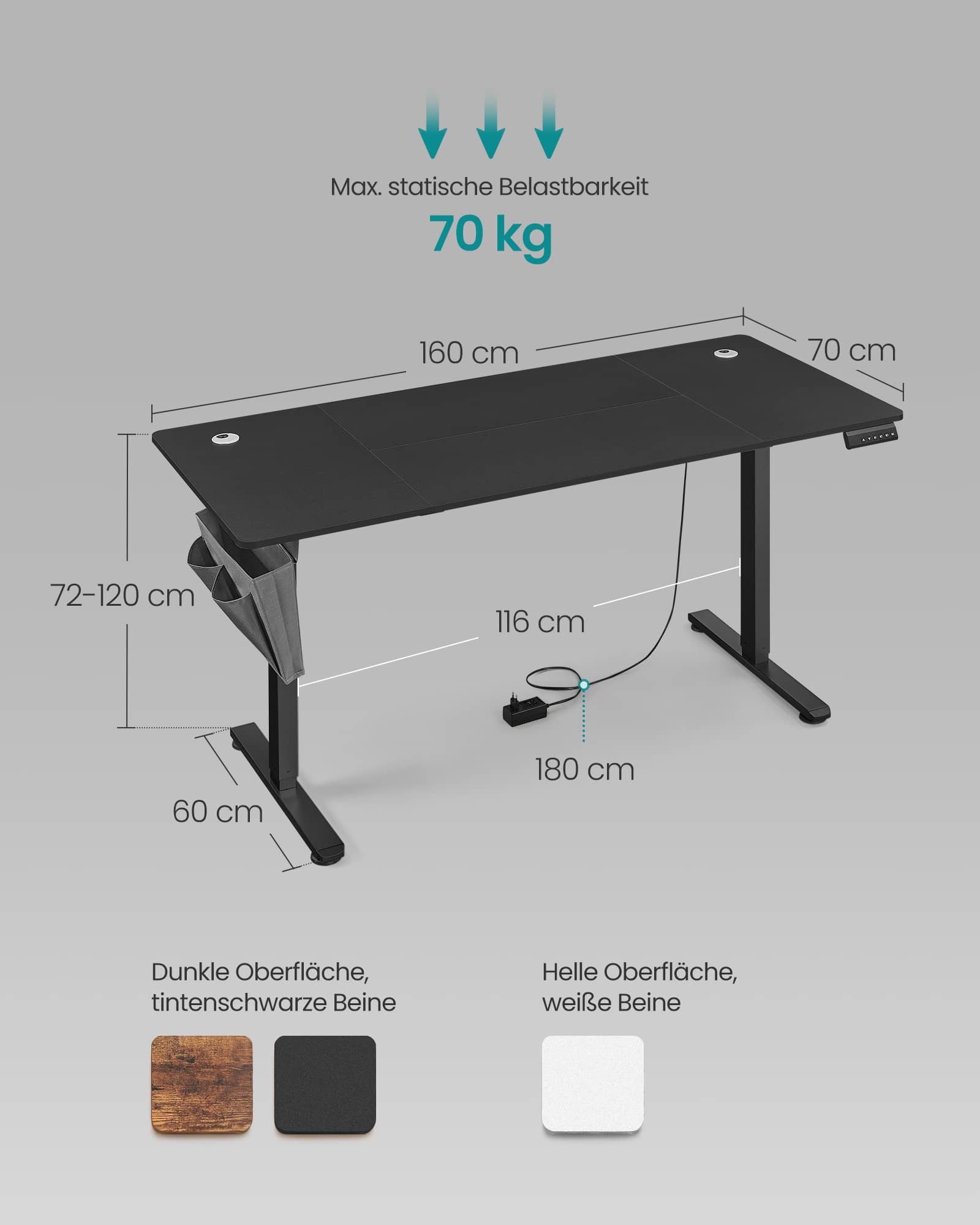 Höhenverstellbarer Schreibtisch elektrisch 60 x 160 x (72-120) cm Höhenverstellbarer Schreibtisch elektrisch 60 x 160 x (72-120) cm