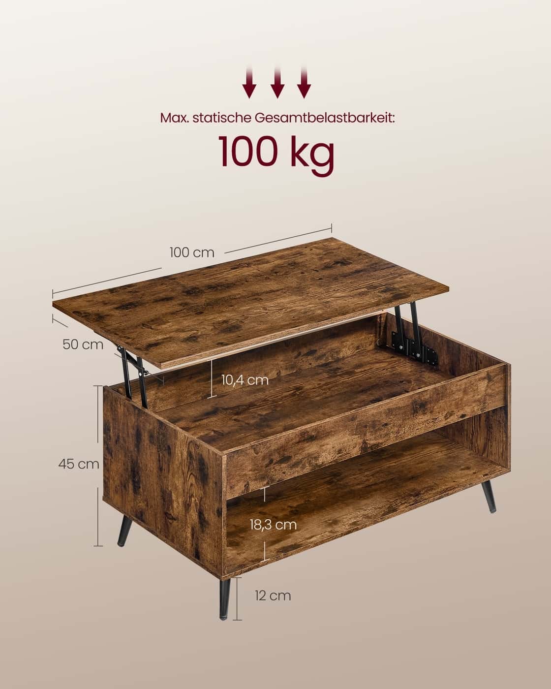 Couchtisch mit verstellbarer Platte und verstecktem Fach vintagebraun-Mattschwarz Couchtisch mit verstellbarer Platte und verstecktem Fach vintagebraun-Mattschwarz