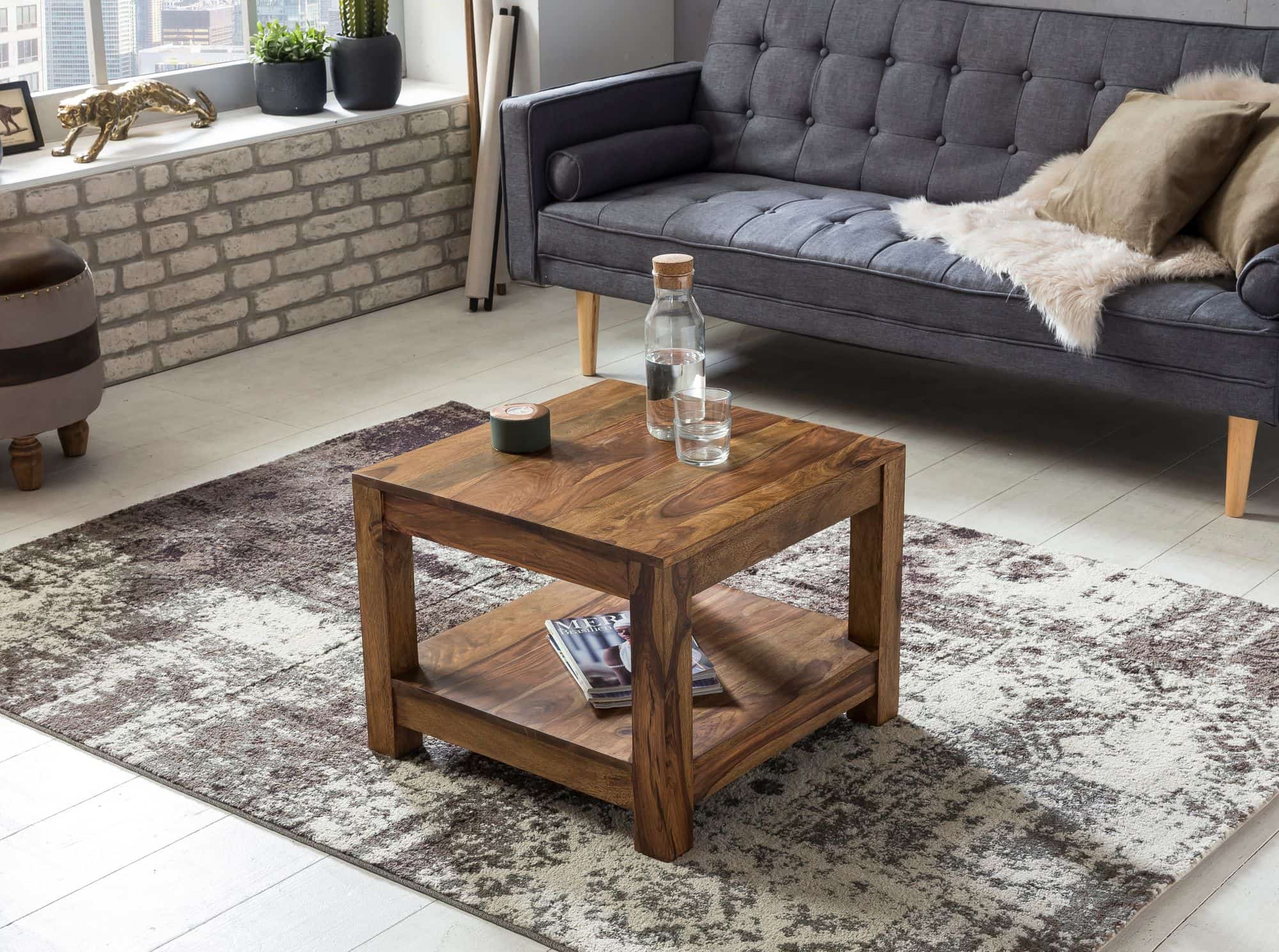 38742-WOHNLING-Couchtisch-MUMBAI-Massiv-Holz-Shee_1 Couchtisch MUMBAI Massiv-Holz Sheesham 60 x 60 cm Wohnzimmer-Tisch Design dunkel-braun Landhaus-Stil Beistelltisch