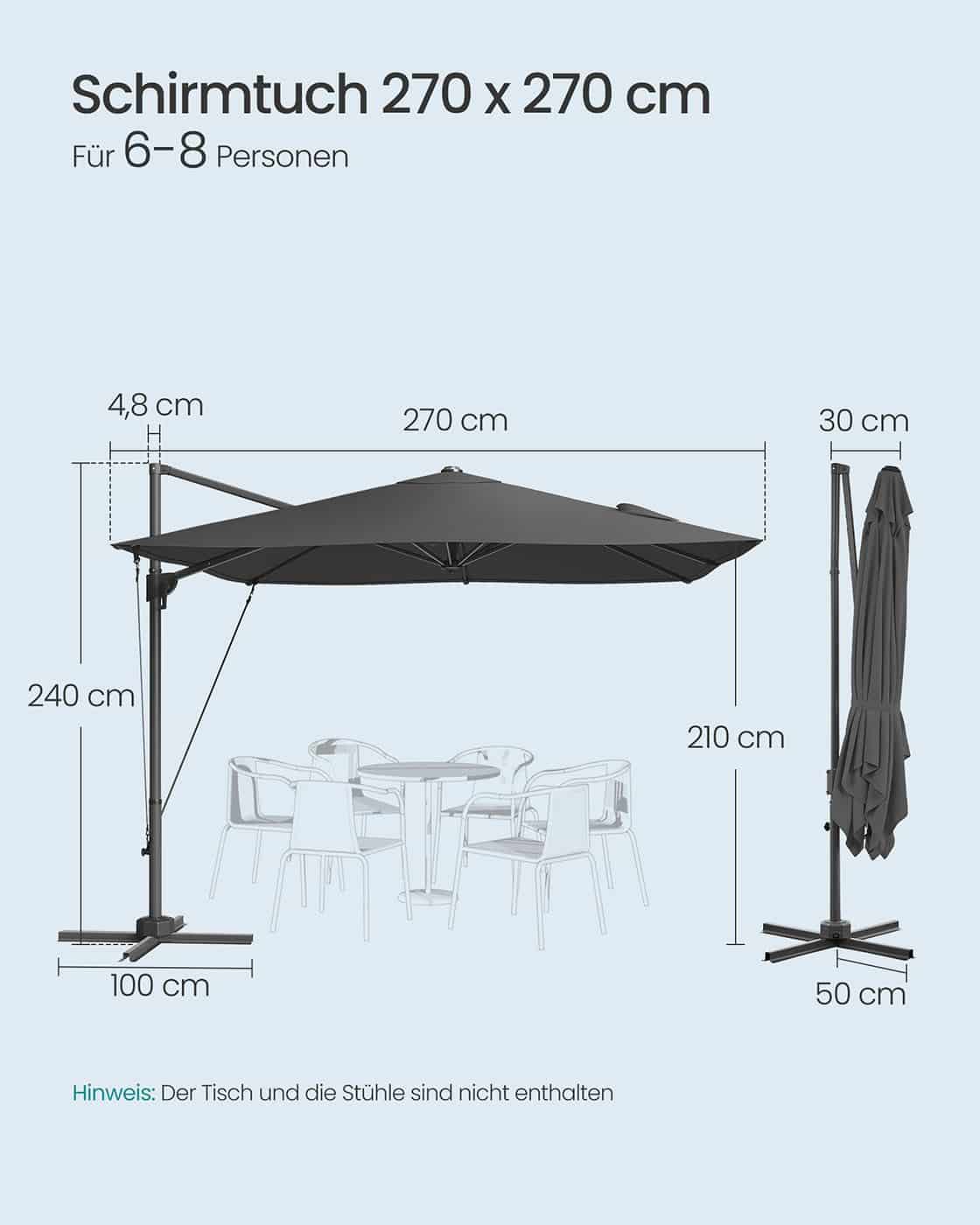 Sonnenschirm 270 x 270 cm UPF 50+ mit Kurbel und Kreuzfuß grau Sonnenschirm 270 x 270 cm UPF 50+ mit Kurbel und Kreuzfuß grau