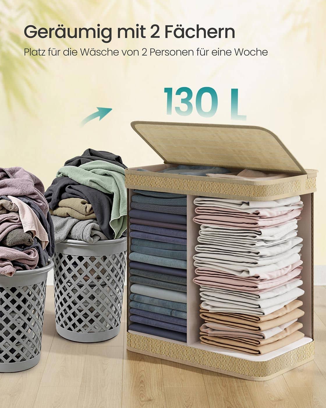 Wäschekorb 130 Liter aus Bambus mit 2 Fächern und Deckel naturfarben Wäschekorb 130 Liter aus Bambus mit 2 Fächern und Deckel naturfarben