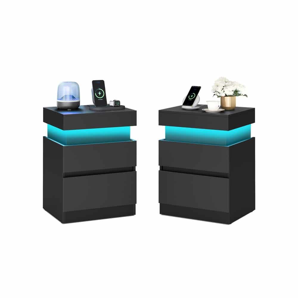 Kailyn Kollektion - Nachttisch mit Steckdosen und LED Beleuchtung tintenschwarz Kailyn Kollektion - Nachttisch mit Steckdosen und LED Beleuchtung tintenschwarz