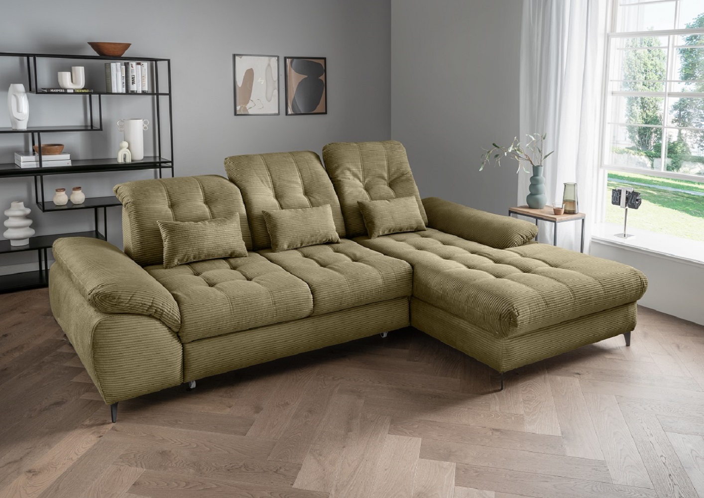 Das Ecksofa Modell Delphino in Cord  – Schlaffunktion und Bettkasten inklusive
