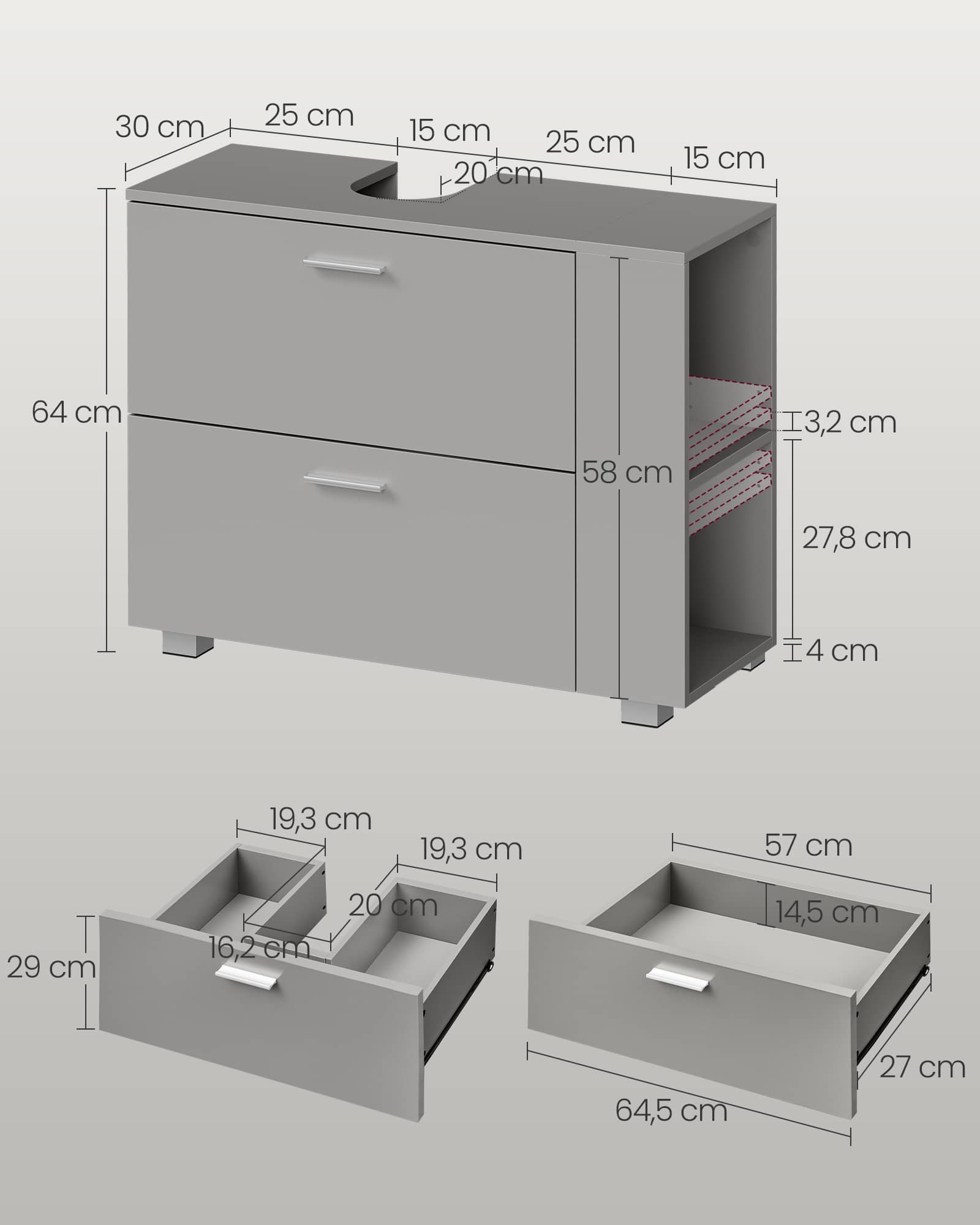 Waschbeckenunterschrank 30 x 80 x 64 cm mit offenen Fächern