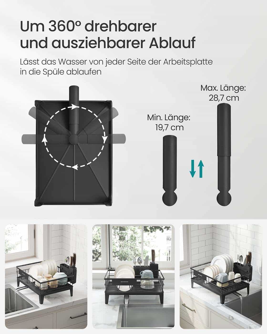 Geschirr-Abtropfgestell mit Auffangschale und Besteckhalter tintenschwarz Geschirr-Abtropfgestell mit Auffangschale und Besteckhalter tintenschwarz