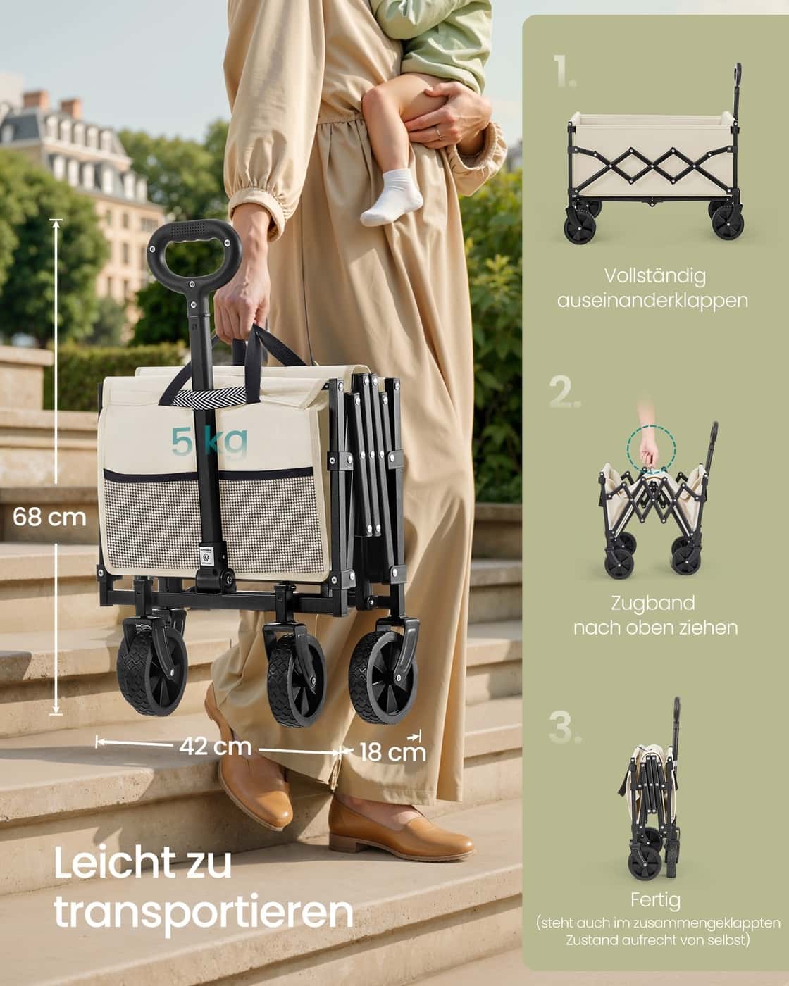 Kleiner Handwagen faltbar mit 4 verstärkten Rollen und Griff Sandbeige