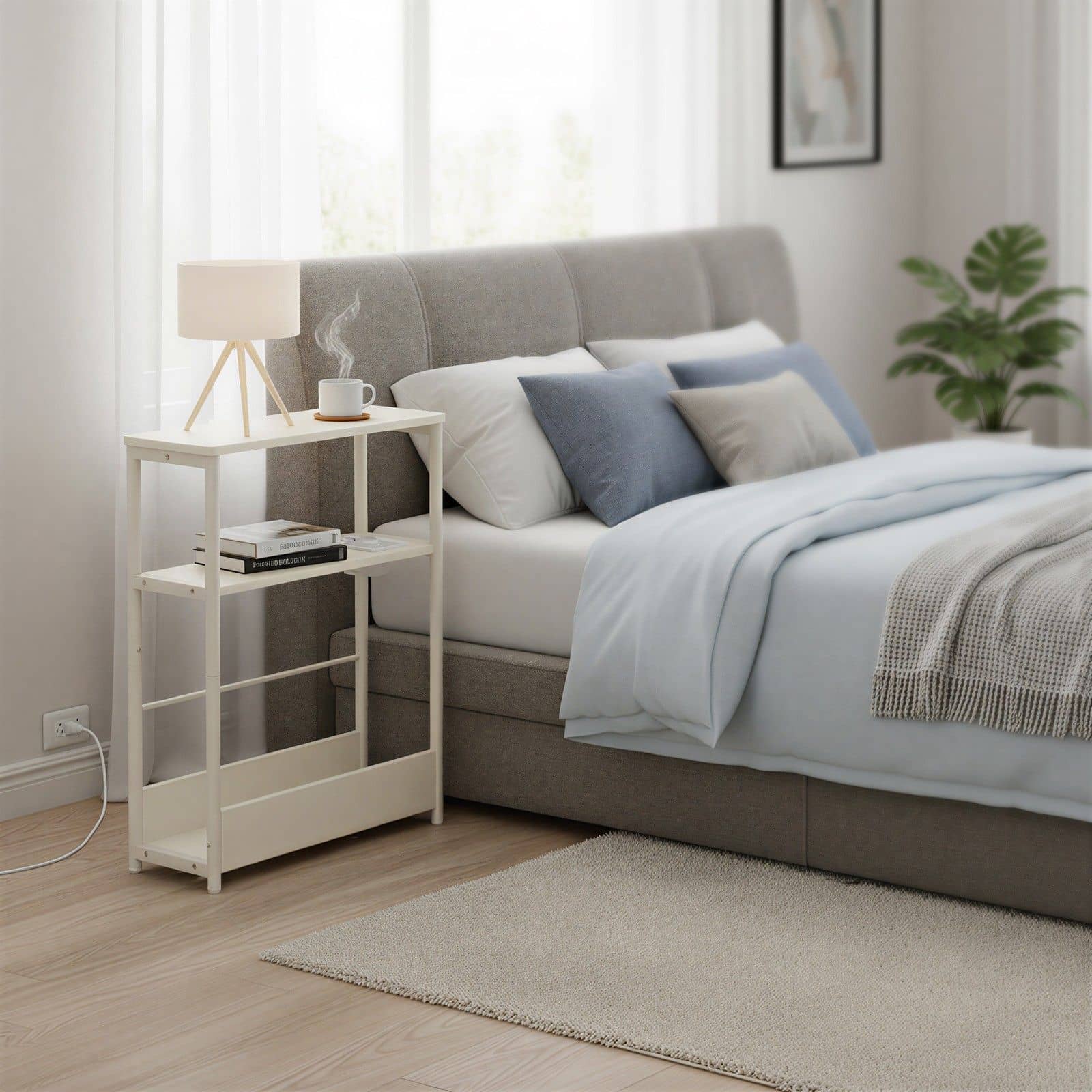 Schmaler Sofatisch mit 3 Ablagen, Nachttisch mit Zeitschriftenhalter, für Schlafzimmer