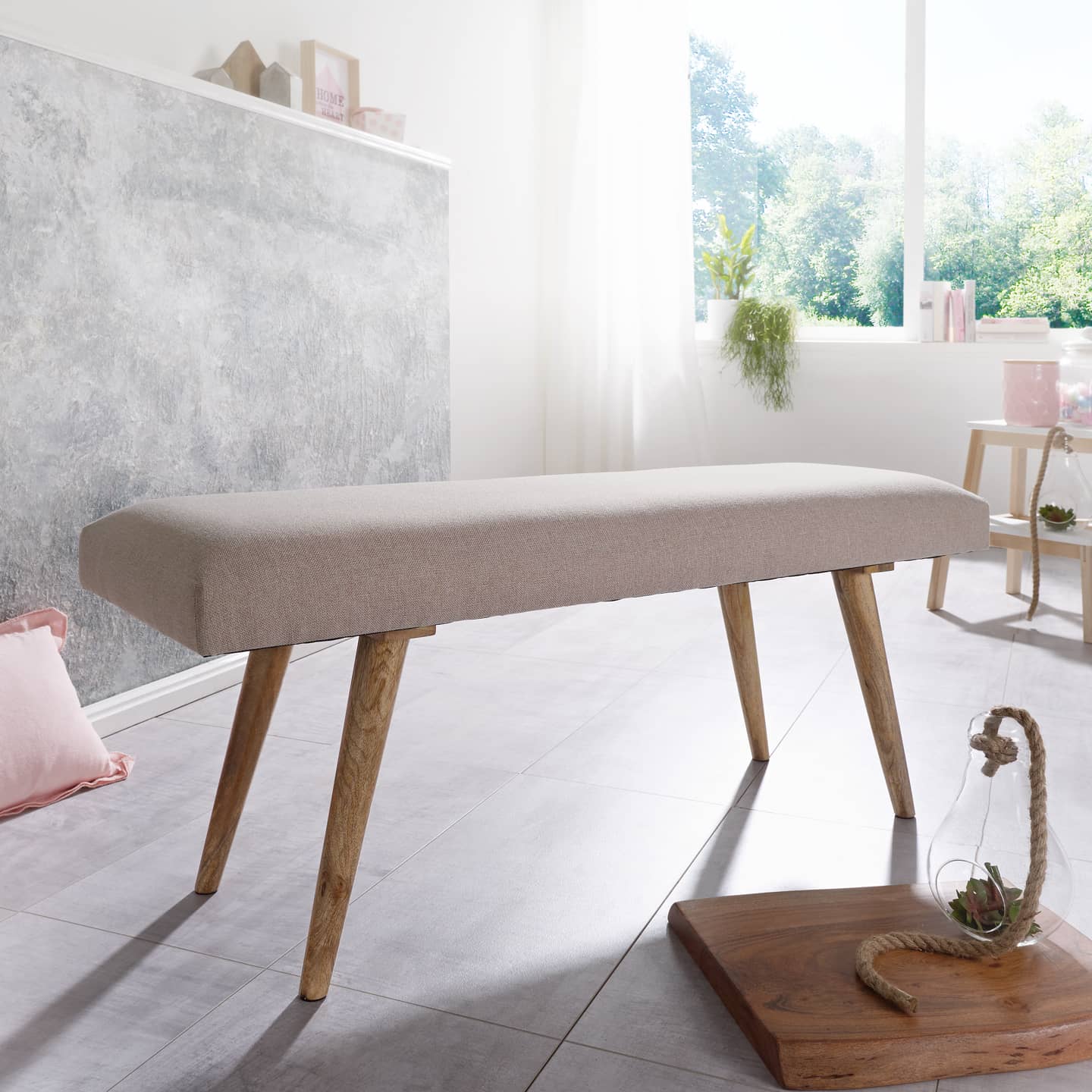 46013-WOHNLING-Sitzbank-117x37x51-cm-Baumwolle-we_19inXjWHtAZwfS Sitzbank Stoff / Massivholz Bank Beige 117x51x38 cm im Retro Stil