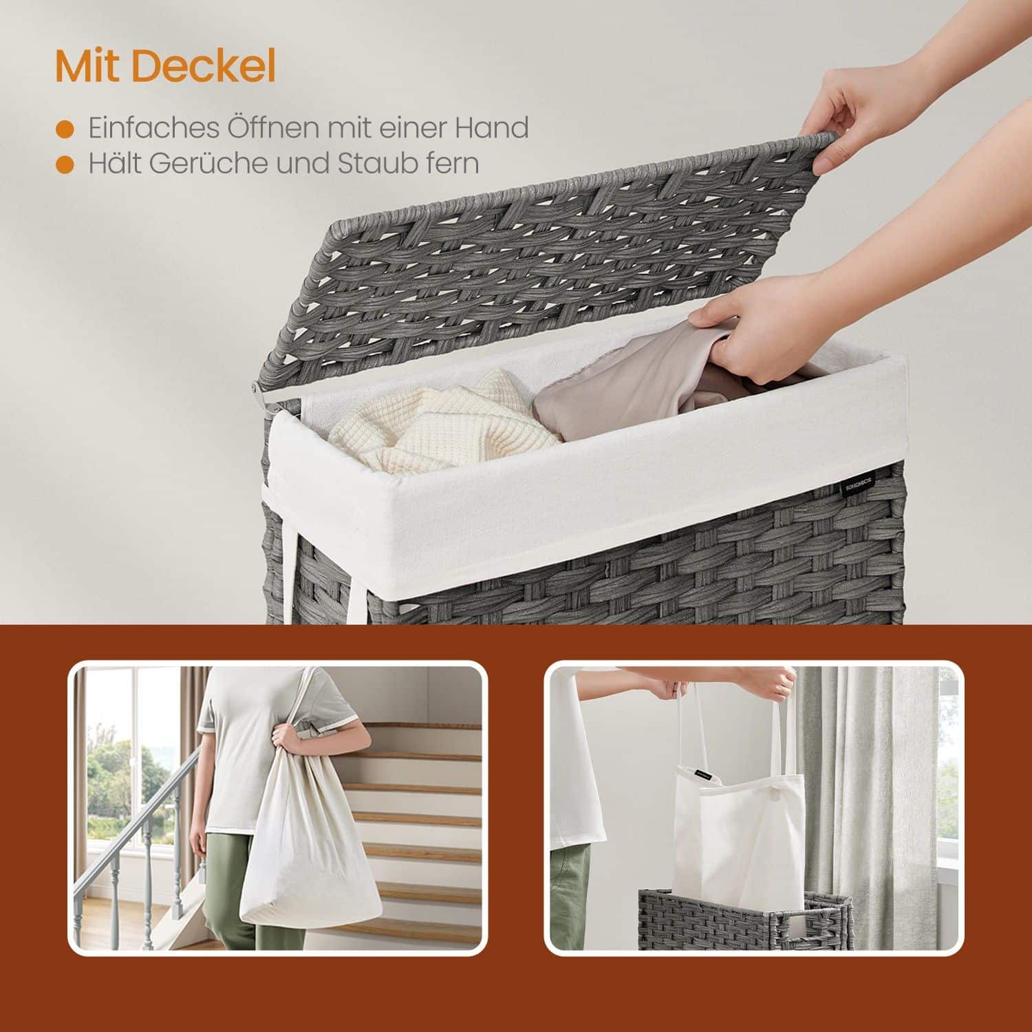 Wäschekorb schmal, Wäschesammler 55 L, mit Deckel und Griffen Wäschekorb schmal, Wäschesammler 55 L, mit Deckel und Griffen