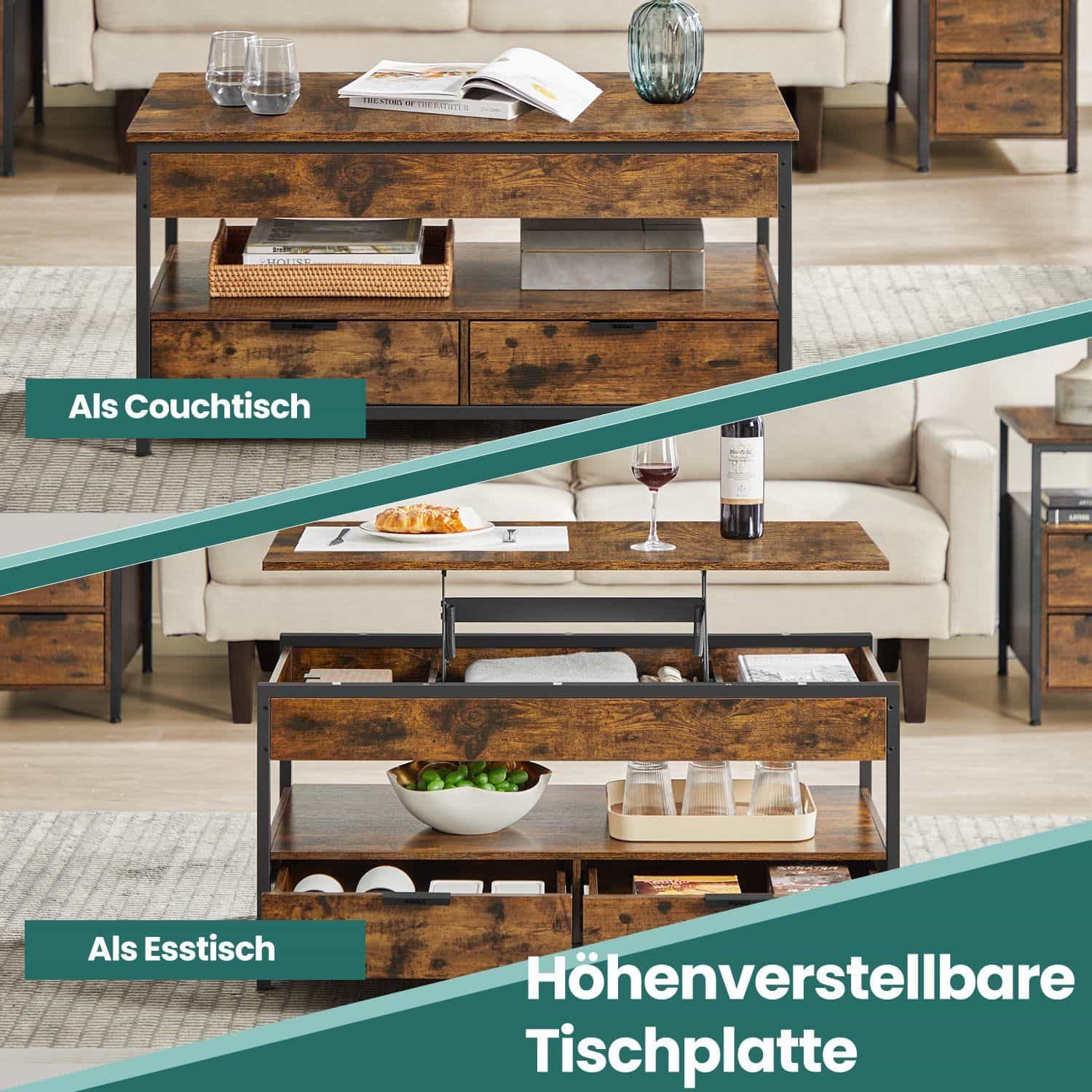 Couchtisch, Wohnzimmertisch, höhenverstellbare Tischplatte Couchtisch, Wohnzimmertisch, höhenverstellbare Tischplatte