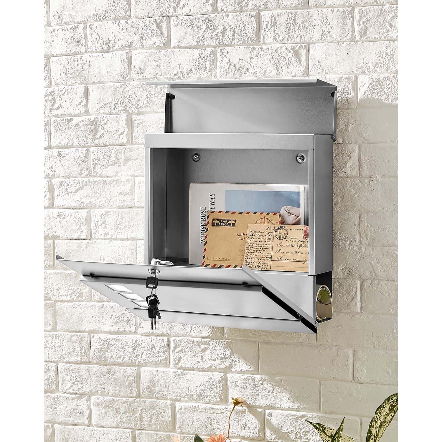 Wandbriefkasten mit Zeitungsfach silbern