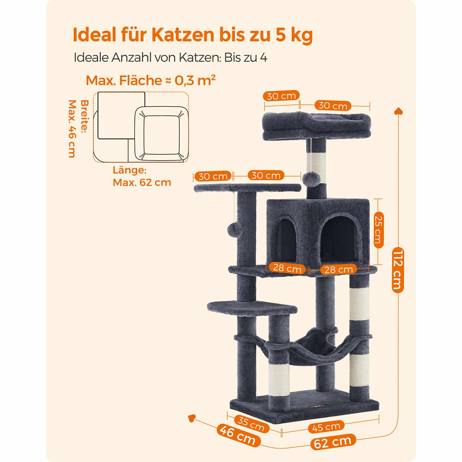 Kratzbaum 112 cm mit Plattformen und Hängematte rauchgrau-B34PCT261G01 Kratzbaum 112 cm mit Plattformen und Hängematte rauchgrau-B34PCT261G01