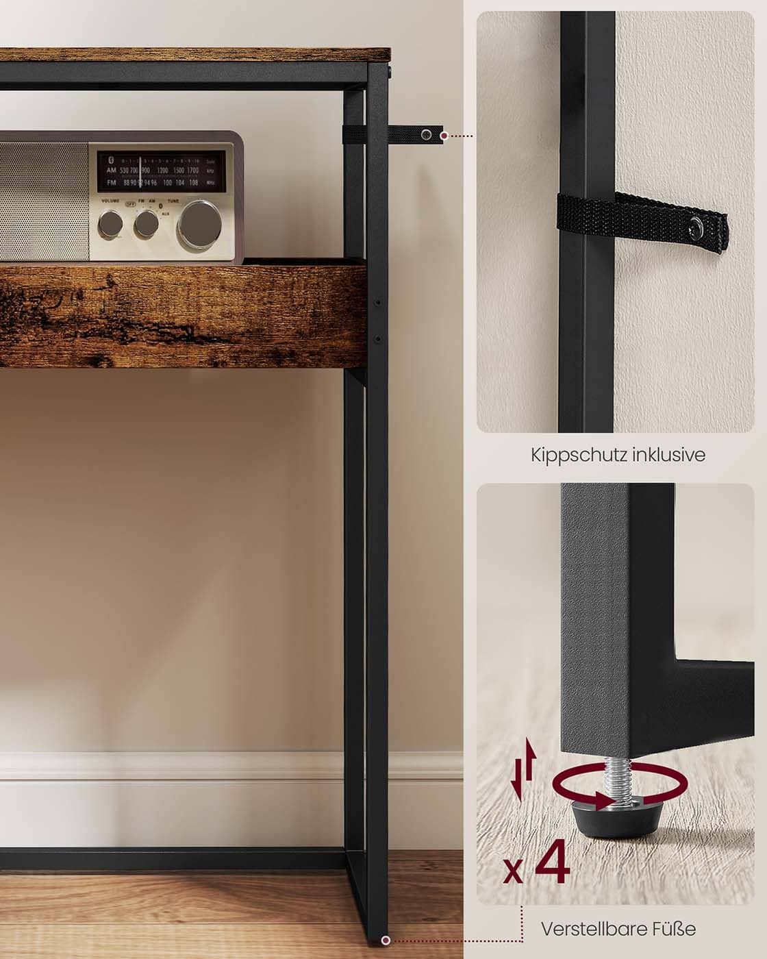 Schmaler Konsolentisch mit zwei Ebenen und halboffenen Fächern Schmaler Konsolentisch mit zwei Ebenen und halboffenen Fächern