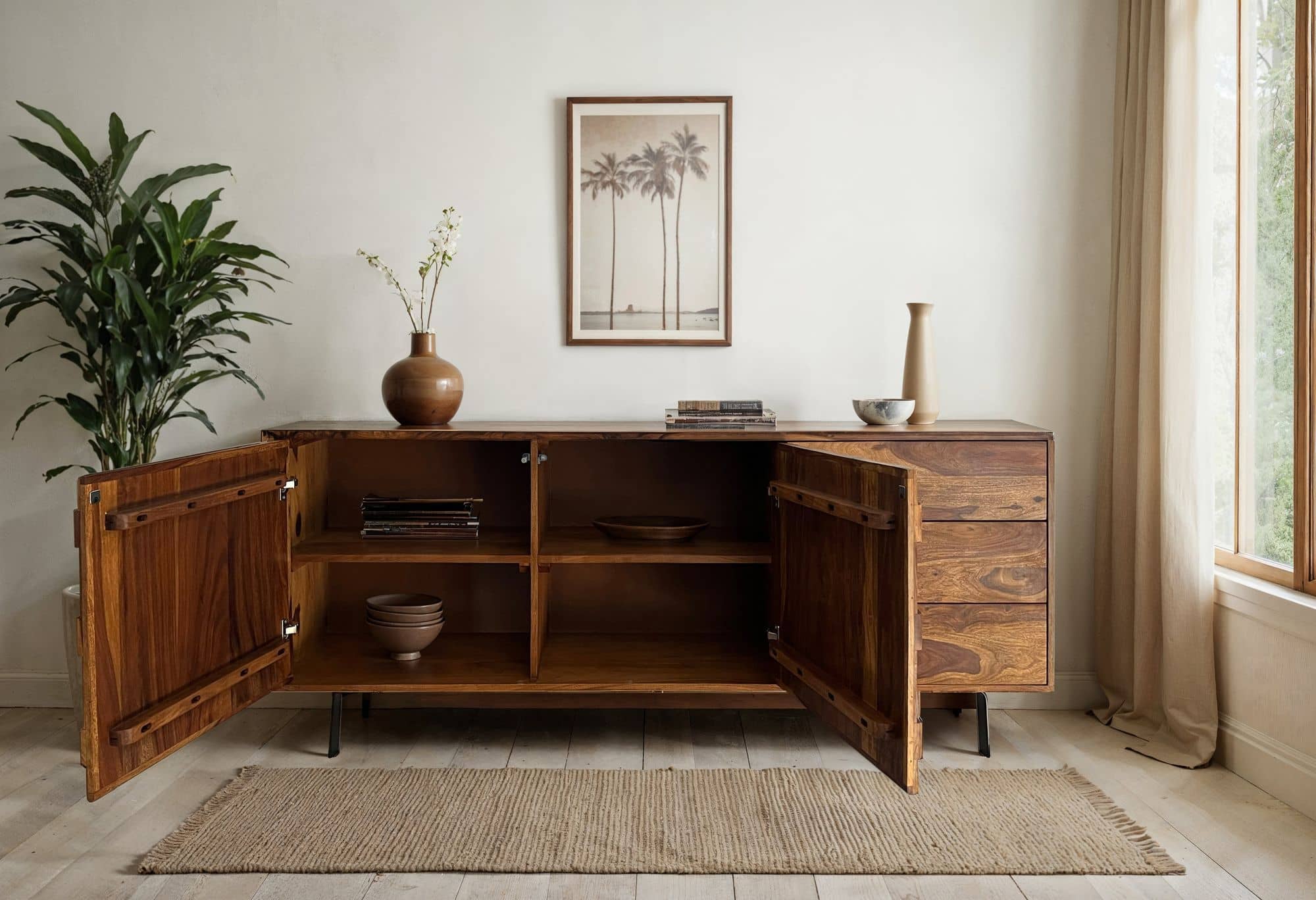 Sideboard Sheesham Massivholz 175 cm – Kommode mit Türen & Schubladen – Anrichte im Loft Industrial Design mit schwarzem Metallgestell – Wohnzimmer & Esszimmer Stauraum Sideboard Sheesham Massivholz 175 cm – Kommode mit Türen & Schubladen – Anrichte im Loft Industrial Design mit schwarzem Metallgestell – Wohnzimmer & Esszimmer Stauraum