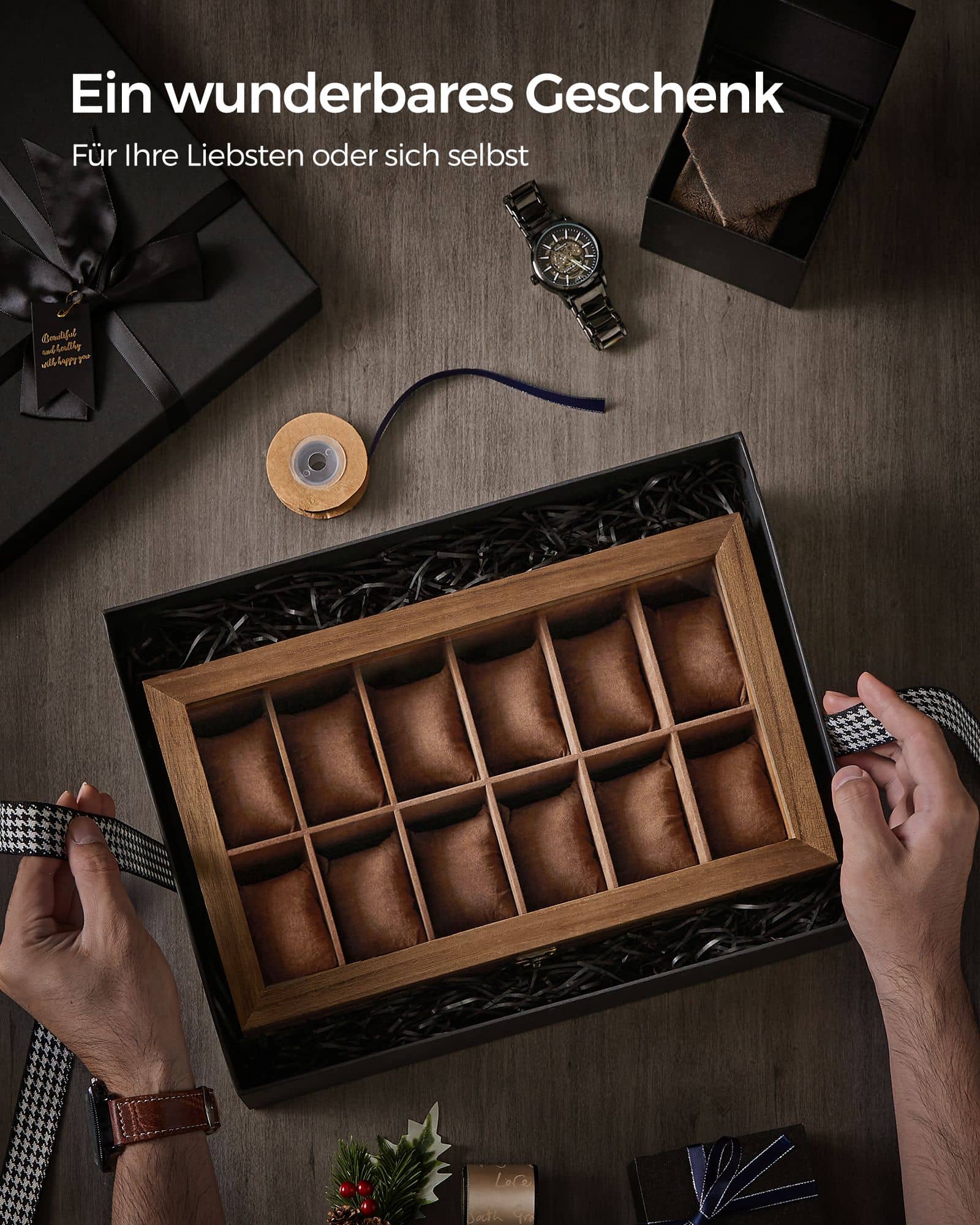 Uhrenbox mit 12 Fächern aus Massivholz walnussfarben