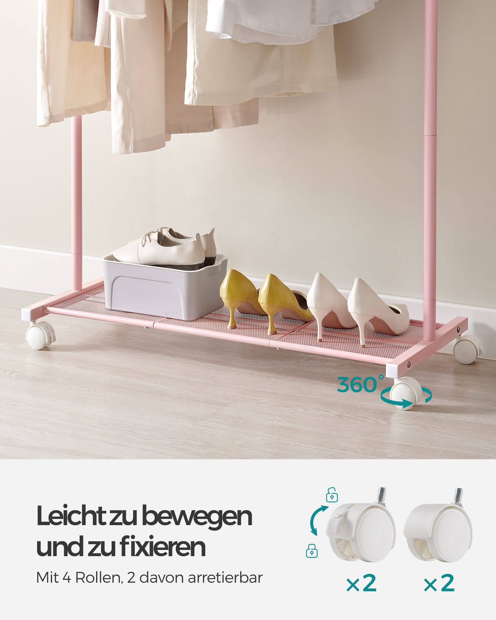 Kleiderständer 91 cm breit auf Rollen pastellrosa Kleiderständer 91 cm breit auf Rollen pastellrosa