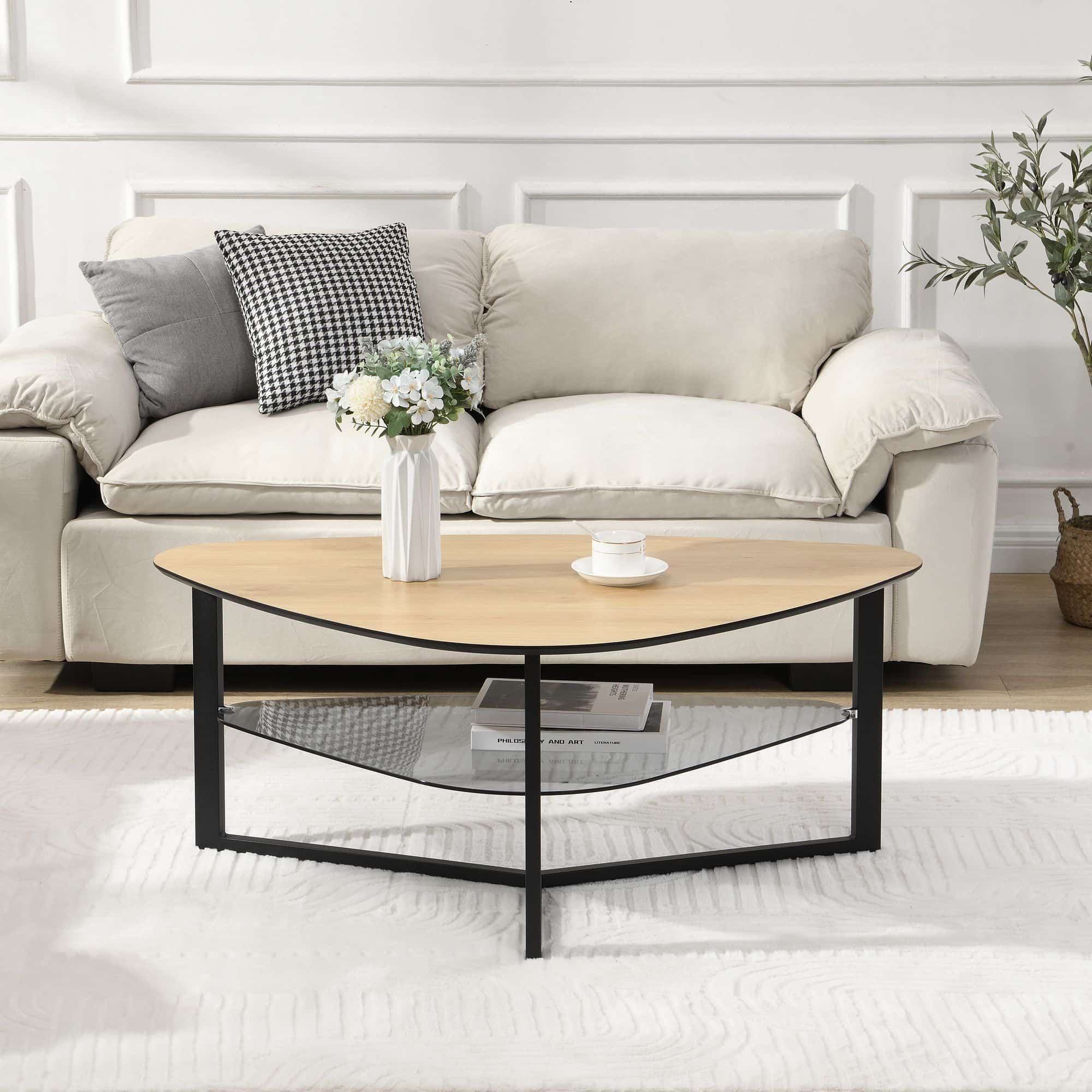 Couchtisch nierenförmig Eiche Optik 110 cm mit Glasablage & Metallgestell Couchtisch nierenförmig Eiche Optik 110 cm mit Glasablage & Metallgestell