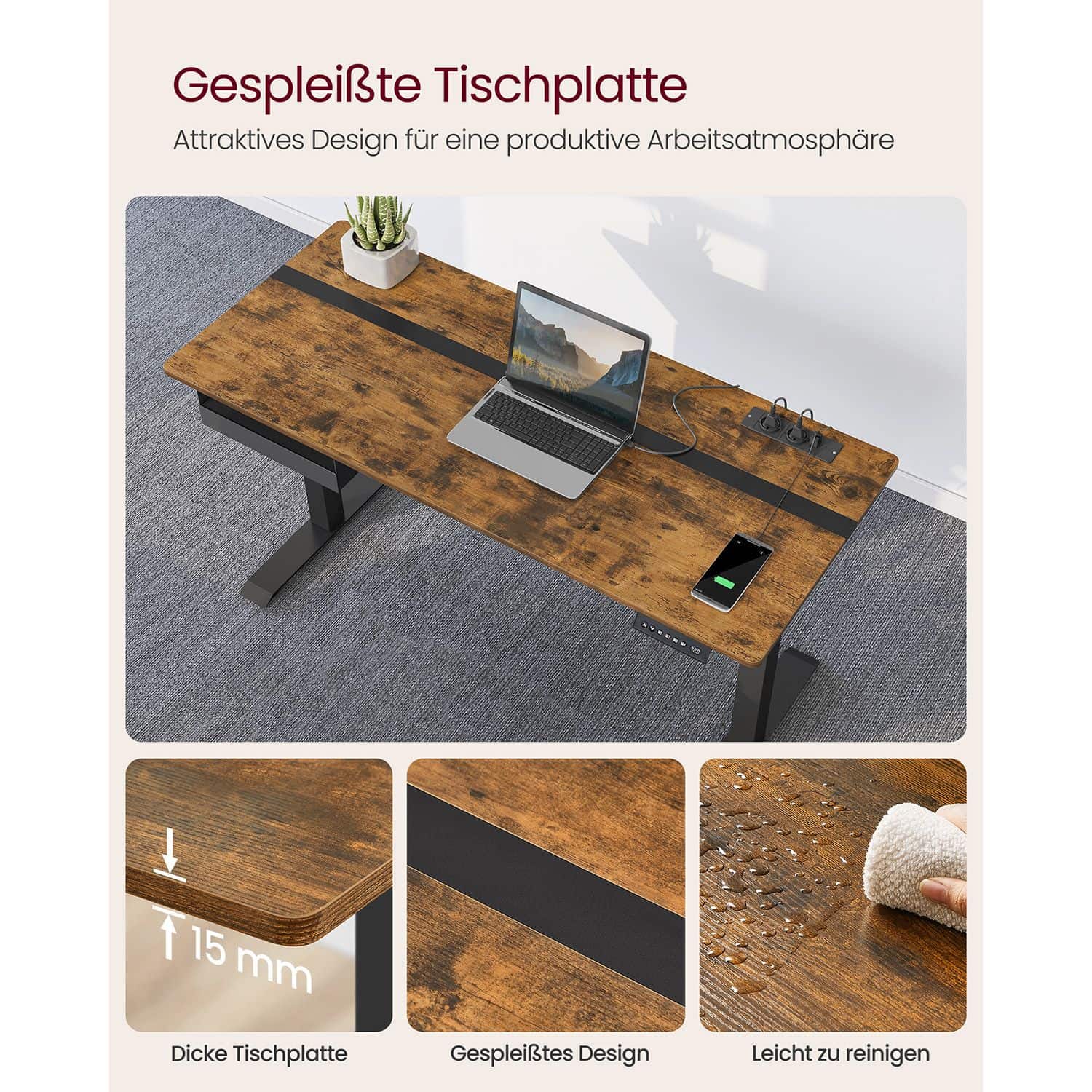 Höhenverstellbarer Schreibtisch 60 x 140 cm vintagebraun-schwarz-B34LSD114X01