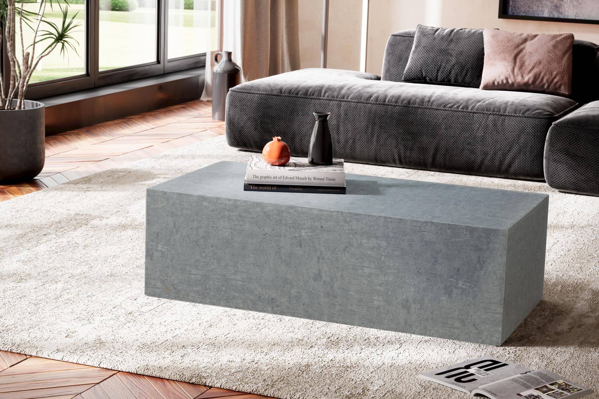 Couchtisch MONOBLOC 100x50x30 cm in Beton-Optik Grau