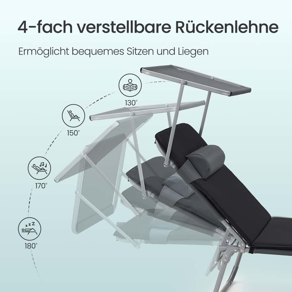 Liegestuhl klappbar, Sonnenliege mit verstellbarer Rückenlehne, Kissen Liegestuhl klappbar, Sonnenliege mit verstellbarer Rückenlehne, Kissen