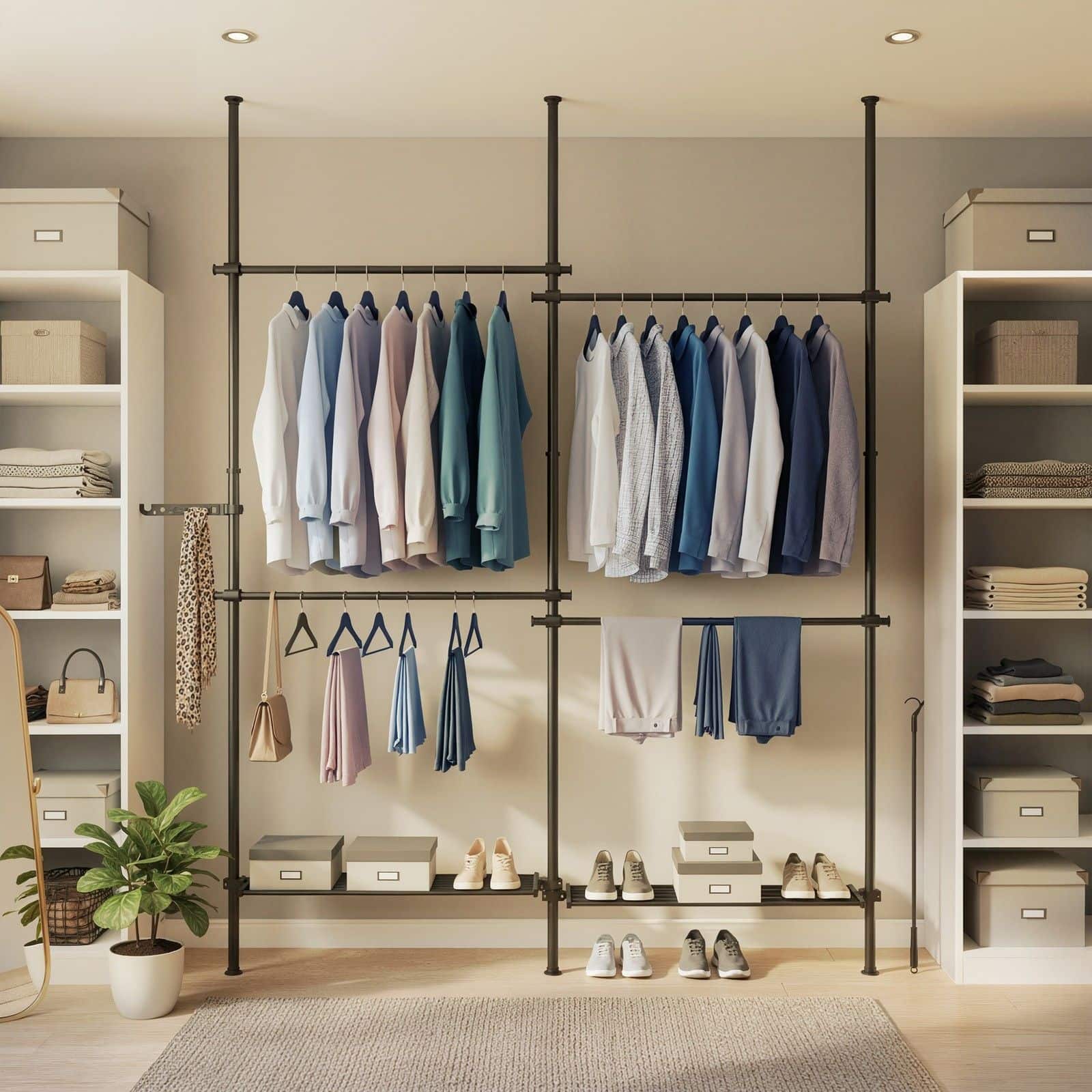 3-stufiger Kleiderständer, höhen- und breitenverstellbar, offene Garderobe mit 4 Kleiderstangen und 2 Ablagen 3-stufiger Kleiderständer, höhen- und breitenverstellbar, offene Garderobe mit 4 Kleiderstangen und 2 Ablagen