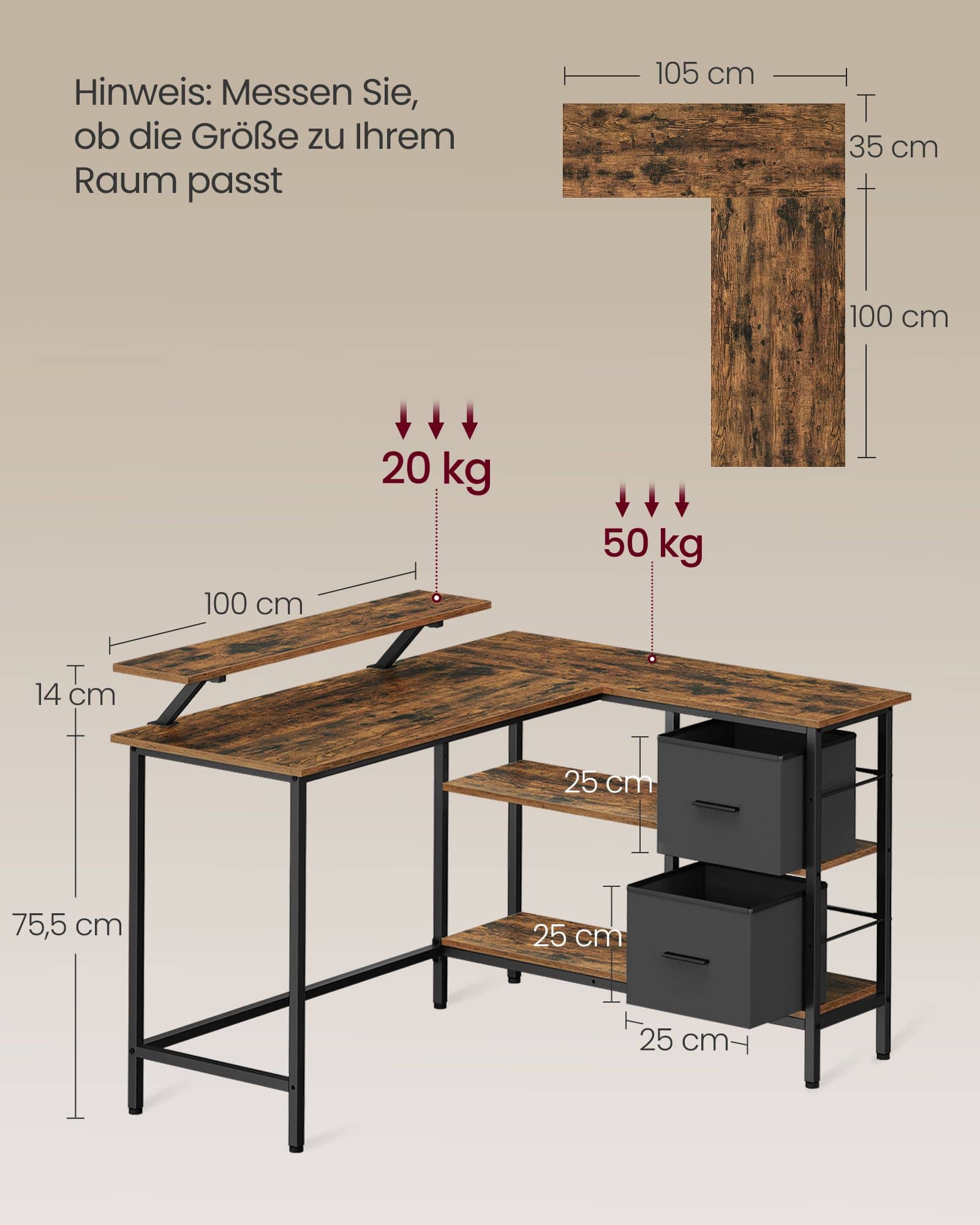 L-förmiger Schreibtisch mit 2 Schubladen 135 x 105 cm L-förmiger Schreibtisch mit 2 Schubladen 135 x 105 cm