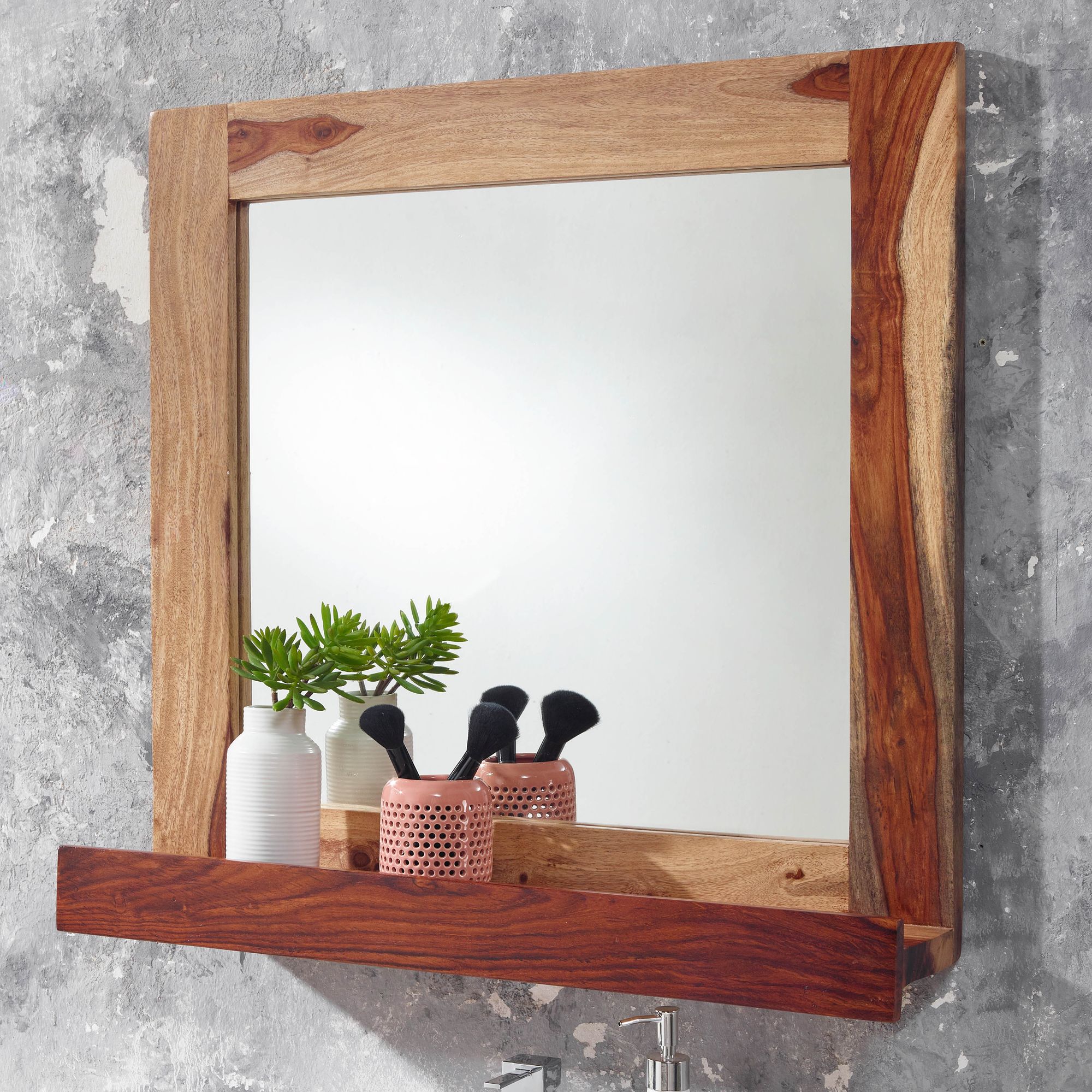 badezimmerspiegel sheesham massivholz 70x68x17 cm design wandspiegel