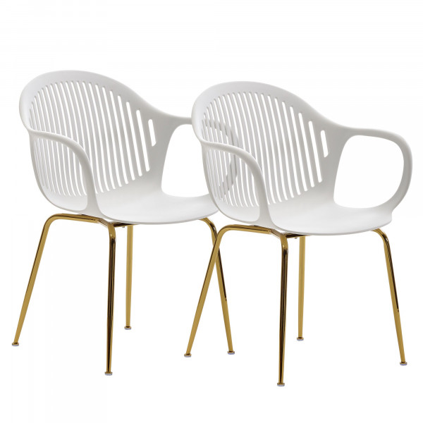 Design Esszimmerstuhl 2er Set Weiß Kunststoff mit goldenen Metallbeinen