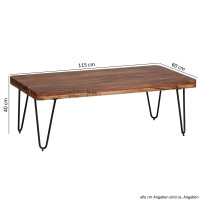 Couchtisch BAGLI Massiv-Holz Sheesham 115 cm breit Wohnzimmer-Tisch Design Metallbeine Landhaus-Stil Beistelltisch