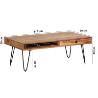 Couchtisch BAGLI Massiv-Holz Akazie 120 cm breit Wohnzimmer-Tisch Design Metallbeine Landhaus-Stil Beistelltisch