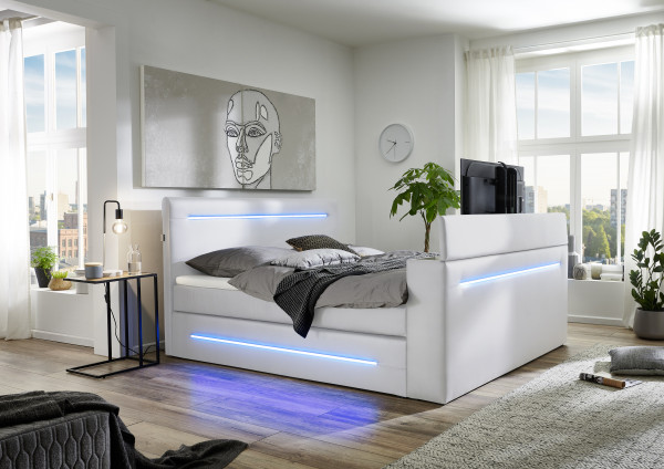 Boxspringbett Jupiter mit LED Beleuchtung & TV-Lift elektrisch Weiß Kunstleder 180 x 200 cm